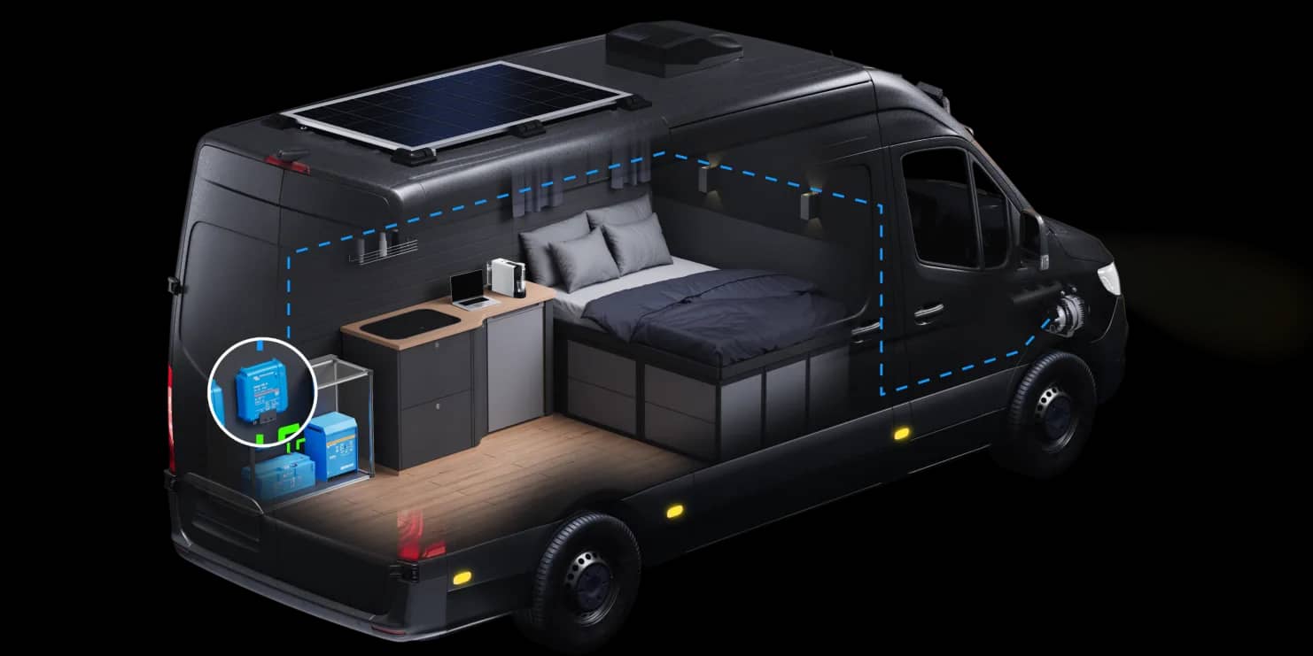 Opengewerkt aanzicht van een camper met nadruk op het opladen via de dynamo met een Victron DC-DC lader